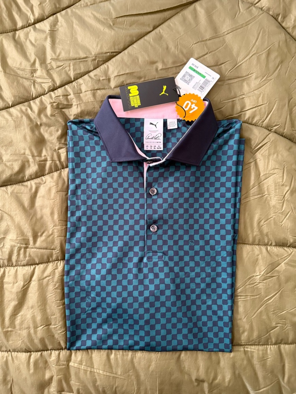 Puma x Arnold Palmer Teal and Navy Checkered Golf Polo
